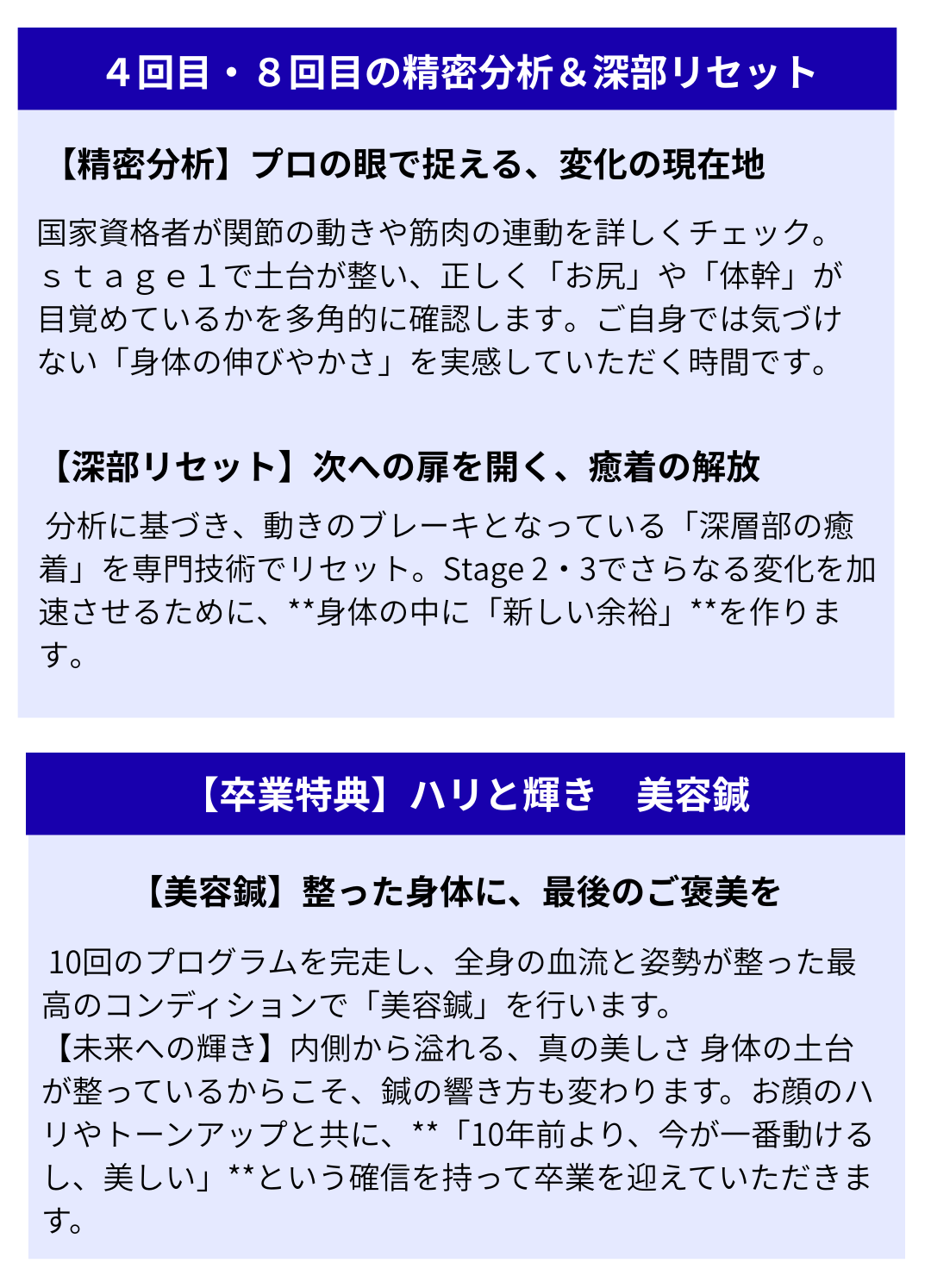 4回目・8回目の精密分析＆深部リセット。 【精密分析】プロの目で捉える、変化の現在地。国家資格者が関節の動きや筋肉の連動を詳しくチェック。stage 1で土台が整い、正しく「お尻」や「体幹」が目覚めているかを多角的に確認します。ご自身では気づけない「身体の伸びやかさ」を実感していただく時間です。 【深部リセット】次への扉を開く、癒着の解放。分析に基づき、動きのブレーキとなっている「深層部の癒着」を専門技術でリセット。Stage 2・3でさらなる変化を加速させるために、**身体の中に「新しい余裕」**を作ります。卒業特典】ハリと輝き 美容鍼。 【美容鍼】整った身体に、最後のご褒美を。10回のプログラムを完走し、全身の血流と姿勢が整った最高のコンディションで「美容鍼」を行います。 【未来への輝き】内側から溢れる、真の美しさ。身体の土台が整っているからこそ、鍼の響き方も変わります。お顔のハリやトーンアップと共に、**「10年前より、今が一番動けるし、美しい」**という確信を持って卒業を迎えていただきます。