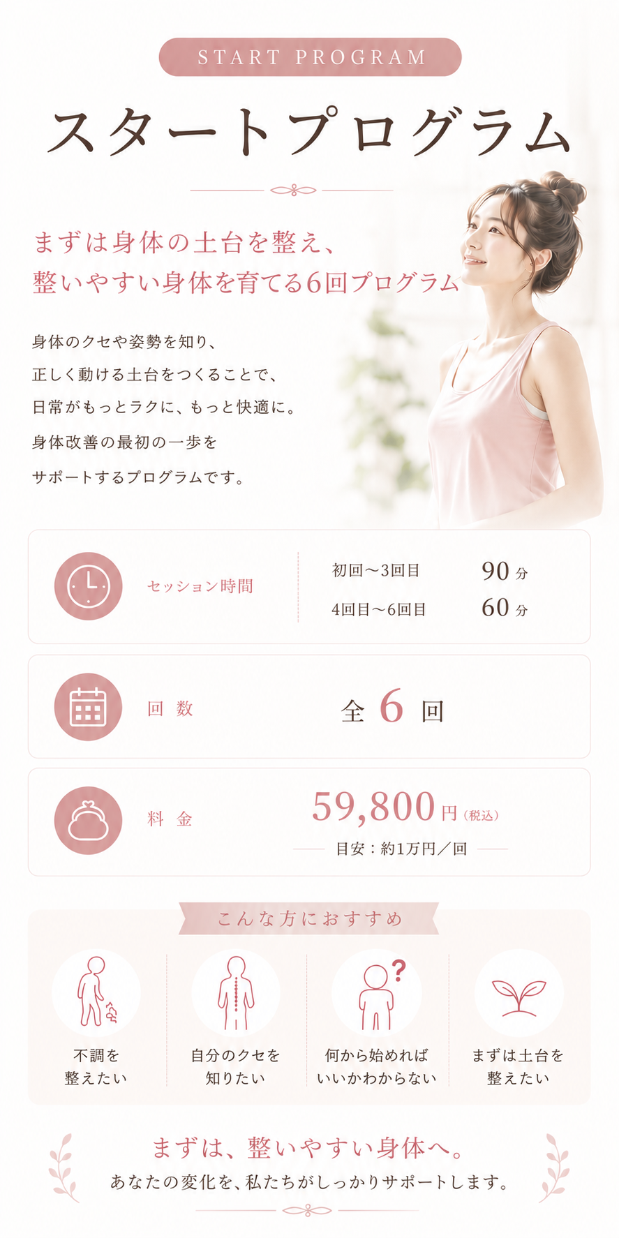 「スタートプログラム」の案内画像です。このプログラムは、まずは身体の土台を整え、整いやすい身体を育てるための全6回の構成となっています。身体の癖や姿勢を知り、正しく動ける土台をつくることで、日常生活をよりラクで快適なものへとサポートします。詳細として、セッション時間は初回から3回目までが各90分、4回目から6回目が各60分となっています。料金は全6回で税込59,800円（目安として1回あたり約1万円）です。「こんな方におすすめ」として、身体の不調を整えたい方、自分の癖を知りたい方、何から始めればいいか分からない方、まずは土台を整えたい方といったニーズを挙げています。画像全体を通して、これから身体改善に取り組もうとする人への安心感と、整った身体を目指す前向きなメッセージが伝わる構成です。一人ひとりの身体の変化をしっかりとサポートし、まずは「整いやすい身体」づくりを目指すための、専門的で丁寧な導入プログラムの内容がまとめられています。