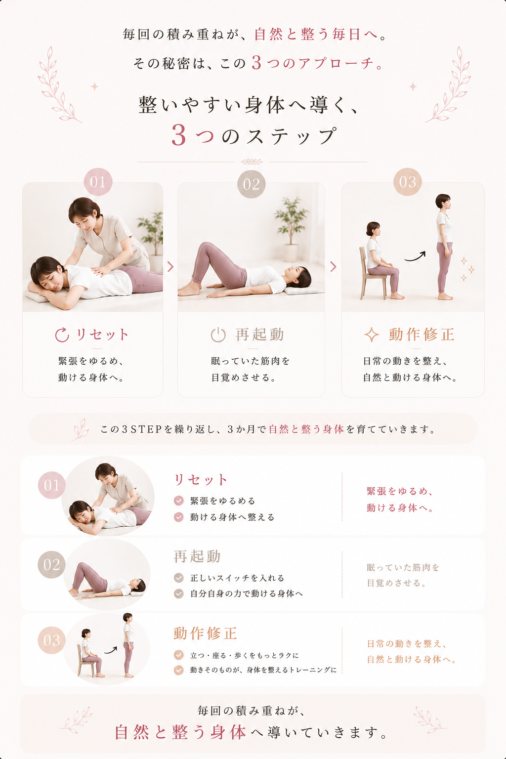 「毎回の積み重ねが、自然と整う毎日へ。その秘密は、この3つのアプローチ」として、整いやすい身体へ導く3つのステップをご紹介します。01の「リセット」では、緊張をゆるめ、動ける身体へ整えます。02の「再起動」では、正しいスイッチを入れ、自分自身の力で動ける身体へ、眠っていた筋肉を目覚めさせます。03の「動作修正」では、立つ・座る・歩く動作をもっとラクにし、動作そのものが身体を整えるトレーニングになるよう、日常の動きを整えて自然と動ける身体へと導きます。この3ステップを繰り返し、3か月かけて自然と整う身体を育てていきます。毎回の積み重ねが、あなたをより軽やかで心地よい状態へと導いていきます。身体本来の力を引き出し、日々の動作を変えることで、無理なく健やかな未来を一緒につくっていきましょう。あなたの変わりたいを全力でサポートいたします。まずは体験から、身体の変化を実感してみませんか。