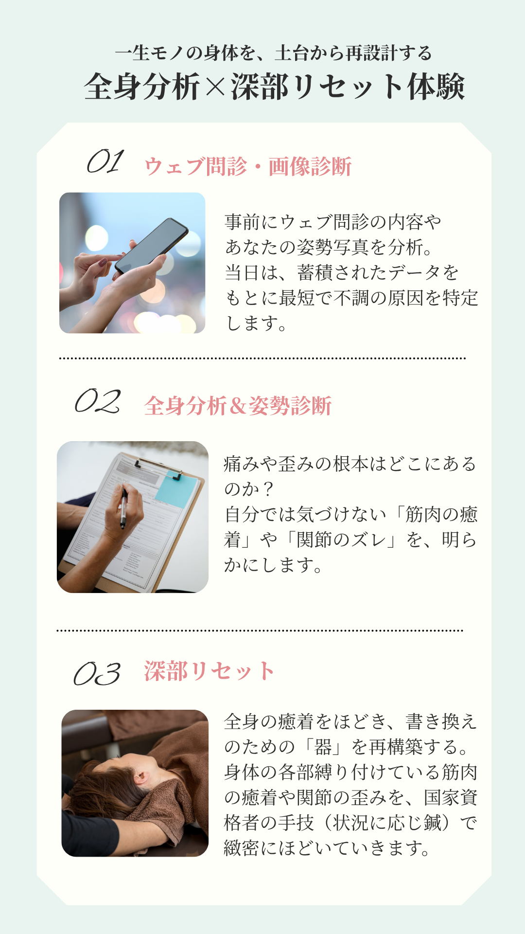 全身分析×深部リセット体験の詳細案内。解剖学に基づき、全身のバランスを根本からリセットすることで、立ち姿の軸が整い、動きやすさを体感できます。 【体験の3つのステップ】 01 ウェブ問診・画像診断：事前にウェブ問診や姿勢写真を分析し、最短で不調の原因を特定します。 02 全身分析＆姿勢診断：自分では気づけない筋肉の癒着や関節のズレを明らかにします。 03 深部リセット：国家資格者の手技で全身の癒着をほどき、書き換えのための土台を再構築します。 これは「一生モノの身体」への第一歩。軽くなった身体をどう動かし、定着させるかという本コースへ繋がる体験セッションです。事前ウェブ診断＋当日対面セッション60分、特別価格7,000円。
